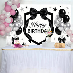 Lofaris Black and Silver Happy Birthday Backdrop with Balloons, Elegant Party Background Decor for Photoshoot