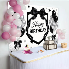 Lofaris Black and Silver Happy Birthday Backdrop with Balloons, Elegant Party Background Decor for Photoshoot