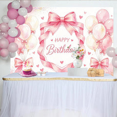 Lofaris Pink Watercolor Happy Birthday Backdrop with Balloons and Hearts, Elegant Party Background for Girls Photoshoot