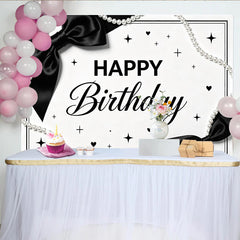 Lofaris Elegant Black and White Birthday Backdrop with Pearl Strings and Bows, Chic Party Decor for Women and Girls Photoshoot