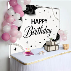 Lofaris Elegant Black and White Birthday Backdrop with Pearl Strings and Bows, Chic Party Decor for Women and Girls Photoshoot
