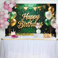 Lofaris Green Gold Glitter Happy Birthday Backdrop with Balloons and Confetti, Festive Party Background for Photography
