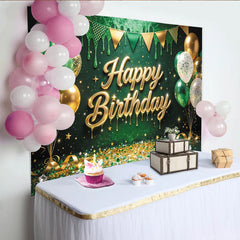 Lofaris Green Gold Glitter Happy Birthday Backdrop with Balloons and Confetti, Festive Party Background for Photography