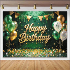 Lofaris Green Gold Glitter Happy Birthday Backdrop with Balloons and Confetti, Festive Party Background for Photography