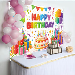 Lofaris Vibrant Colorful Happy Birthday Backdrop with Balloons and Cake, Festive Party Background for Kids Celebration