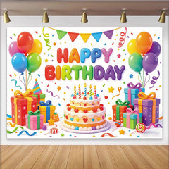 Lofaris Vibrant Colorful Happy Birthday Backdrop with Balloons and Cake, Festive Party Background for Kids Celebration