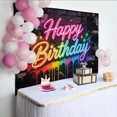 Lofaris Colorful Neon Happy Birthday Backdrop with Paint Splatters on Brick Wall, Vibrant Party Background for Photoshoot and Decor