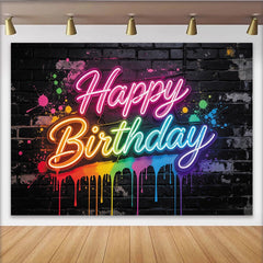 Lofaris Colorful Neon Happy Birthday Backdrop with Paint Splatters on Brick Wall, Vibrant Party Background for Photoshoot and Decor