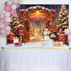 Lofaris Snowy North Pole Christmas Archway Backdrop with Glowing Trees, Charming Snowman and Gifts Winter Wonderland Background