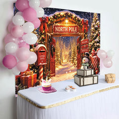 Lofaris Snowy North Pole Christmas Archway Backdrop with Glowing Trees, Charming Snowman and Gifts Winter Wonderland Background