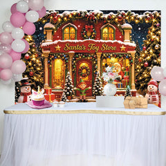 Lofaris Festive Santa's Toy Store Christmas Backdrop, Snowy Winter Scene with Santa, Elf, and Gifts for Family Photoshoot