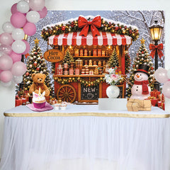 Lofaris Snowy Hot Cocoa Stand Christmas Backdrop with Festive Trees, Winter Holiday Market Background for Party Decor