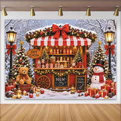 Lofaris Snowy Hot Cocoa Stand Christmas Backdrop with Festive Trees, Winter Holiday Market Background for Party Decor