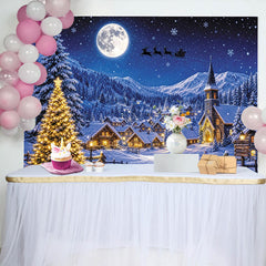 Lofaris Snowy Christmas Village Backdrop with Full Moon and Santa's Sleigh, Festive Winter Wonderland Background for Holiday Party Decoration