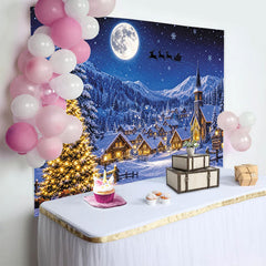 Lofaris Snowy Christmas Village Backdrop with Full Moon and Santa's Sleigh, Festive Winter Wonderland Background for Holiday Party Decoration