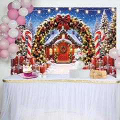 Lofaris Snowy Christmas House Backdrop with Festive Lights and Gifts, Winter Wonderland Photography Background for Holiday Party Decor