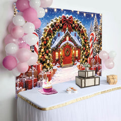 Lofaris Snowy Christmas House Backdrop with Festive Lights and Gifts, Winter Wonderland Photography Background for Holiday Party Decor
