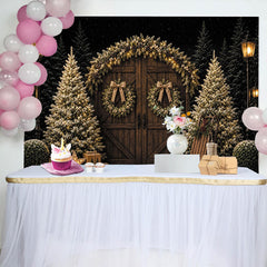 Lofaris Rustic Wooden Door Christmas Backdrop with Flocked Trees, Wreaths and Warm String Lights for Winter Holiday Photography