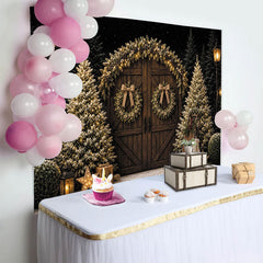 Lofaris Rustic Wooden Door Christmas Backdrop with Flocked Trees, Wreaths and Warm String Lights for Winter Holiday Photography