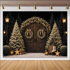 Lofaris Rustic Wooden Door Christmas Backdrop with Flocked Trees, Wreaths and Warm String Lights for Winter Holiday Photography