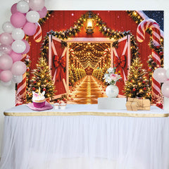 Lofaris Red Barn Christmas Backdrop with Candy Canes and Snowy Trees, Festive Holiday Background for Winter Party Photography