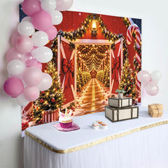 Lofaris Red Barn Christmas Backdrop with Candy Canes and Snowy Trees, Festive Holiday Background for Winter Party Photography