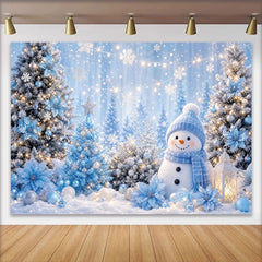 Lofaris Blue Silver Christmas Backdrop with Snowman and Snowflakes, Winter Holiday Photography Background for Party Decor