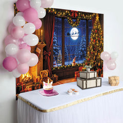 Lofaris Cozy Christmas Room Backdrop with Fireplace and Snowy Window, Magical Winter Holiday Background for Family Photos and Decor