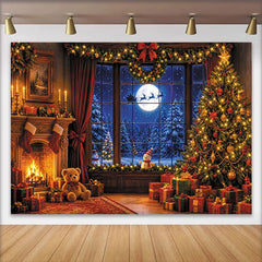 Lofaris Cozy Christmas Room Backdrop with Fireplace and Snowy Window, Magical Winter Holiday Background for Family Photos and Decor