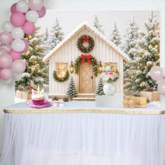 Lofaris Snowy Christmas Winter House Backdrop with Pine Trees and Wreaths, Festive Holiday Background for Winter Photography and Party