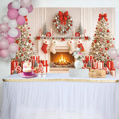 Lofaris Cozy Christmas Fireplace Backdrop with Snow Dusted Trees and Gifts, Festive Holiday Background for Winter Photography