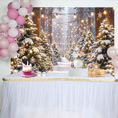 Lofaris Snowy Winter Forest Christmas Backdrop with String Lights, Festive Photography Background for Holiday Party Decoration