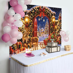 Lofaris Snowy Christmas Reindeer Sleigh Backdrop with Gifts and Twinkling Lights, Festive Holiday Party Decoration for Winter Photography