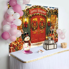 Lofaris Santa's Workshop Christmas Backdrop, Festive Red Doors and Snowman Winter Holiday Decor for Photoshoot