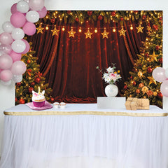 Lofaris Red Velvet Christmas Backdrop with Decorated Trees and Golden Star Lights, Elegant Holiday Background for Festive Photoshoot
