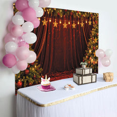 Lofaris Red Velvet Christmas Backdrop with Decorated Trees and Golden Star Lights, Elegant Holiday Background for Festive Photoshoot