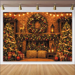 Lofaris Festive Christmas Fireplace Backdrop with Decorated Trees and Golden Deer, Cozy Holiday Photography Background for Family Gatherings