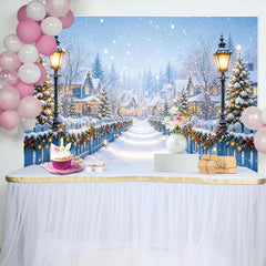 Lofaris Festive Snowy Christmas Village Backdrop with Decorated Trees, Winter Holiday Background for Photoshoot and Party Decor