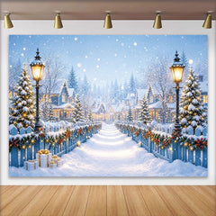 Lofaris Festive Snowy Christmas Village Backdrop with Decorated Trees, Winter Holiday Background for Photoshoot and Party Decor