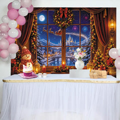 Lofaris Christmas Window View Backdrop, Snowy Village and Santa Sleigh, Festive Winter Wonderland Background for Family Photos and Decor