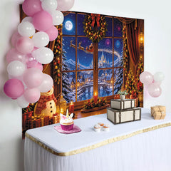 Lofaris Christmas Window View Backdrop, Snowy Village and Santa Sleigh, Festive Winter Wonderland Background for Family Photos and Decor