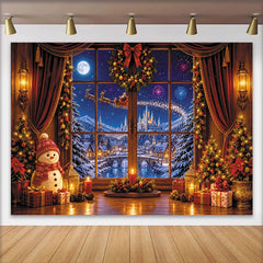 Lofaris Christmas Window View Backdrop, Snowy Village and Santa Sleigh, Festive Winter Wonderland Background for Family Photos and Decor