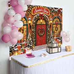 Lofaris Festive Santa's Shop Christmas Backdrop with Red Door, Snowy Scene, Charming Holiday Background for Family Photos