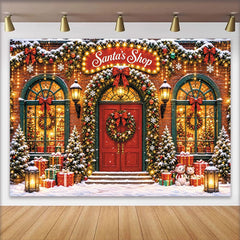 Lofaris Festive Santa's Shop Christmas Backdrop with Red Door, Snowy Scene, Charming Holiday Background for Family Photos