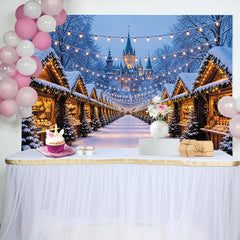 Lofaris Snowy Christmas Market Backdrop with Winter Castle and String Lights, Festive Holiday Background for Photography