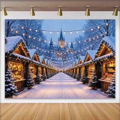 Lofaris Snowy Christmas Market Backdrop with Winter Castle and String Lights, Festive Holiday Background for Photography