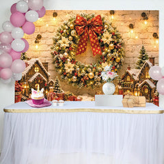 Lofaris Cozy Christmas Winter Village Backdrop with Wreath and Gifts, Snowy Houses and Lights, Ideal Holiday Photography Background