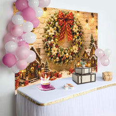 Lofaris Cozy Christmas Winter Village Backdrop with Wreath and Gifts, Snowy Houses and Lights, Ideal Holiday Photography Background