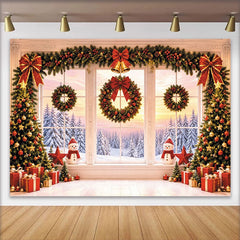 Lofaris Festive Christmas Window Backdrop with Trees and Wreaths, Snowy Winter Holiday Photography Background for Portraits