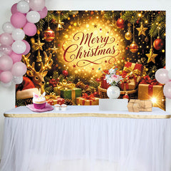 Lofaris Golden Merry Christmas Photography Backdrop with Reindeer, Gifts and Sparkling Bokeh Lights, Festive Holiday Background for Family